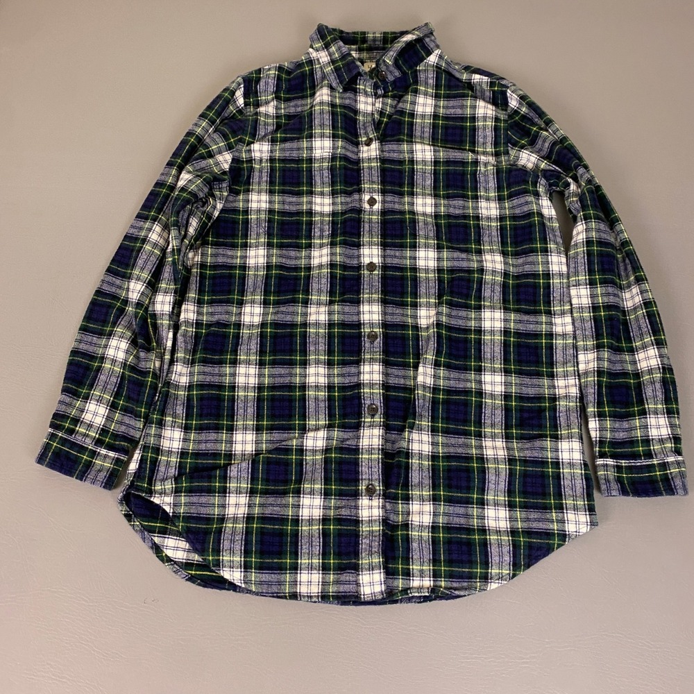 LL Bean Flannel Shirt Men's Size Medium Relaxed Fit Plaid Blue Green Button Up